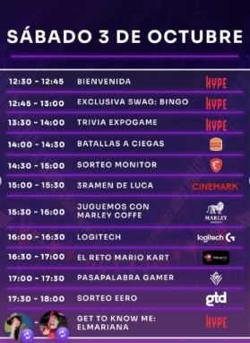 Lámina 3 de 5: Sábado 3: batallas a ciegas (Burger King), sorteo de monitor, Ramen de Luca (Cinemark), Marley Coffee, Logitech G, reto Mario Kart, Pasapalabra gamer, sorteo eero (GTD), “Get to know me”: El Mariana