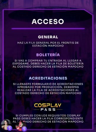 Lámina 3 de 8: Acceso: público general por el frontis de Estación Mapocho; boletería, acreditaciones y Cosplay Pass por el costado derecho