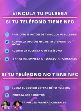 Lámina 5 de 8: Vincula tu pulsera: con NFC, toca “vincula tu pulsera” y acércala al celular; sin NFC, usa el código de 8 dígitos de la pulsera
