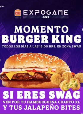 Lámina 2 de 6: Momento Burger King: todos los días a las 18:00 en la Zona SWAG, hamburguesa Cuarto XL y Jalapeño Bites