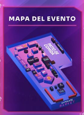 Lámina 4 de 9: Mapa del evento: main stage, patio de comida, zonas de marcas y Expogame Market