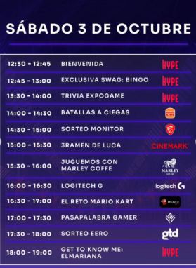 Lámina 5 de 9: Programa del sábado: batallas a ciegas (Burger King), sorteo de monitor, Ramen de Luca (Cinemark), Marley Coffee, Logitech G, reto Mario Kart, Pasapalabra gamer, sorteo eero (GTD), El Mariana a las 18:00