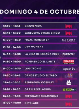 Lámina 5 de 9: Programa del domingo: final torneo SF (Sakura), Dev moment, La Liga 2026 (Duracell), “Rompiendo el límite” (Sbarro), Logitech G, Dancestudio El Tabo, Redragon cosplay, Gran revelación (JugaBet), Expogame Champions 16:40, Keyblade 18:00